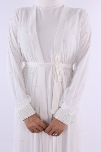 İncili Abaya Ve Elbise Takım 8491 Ekru - 4