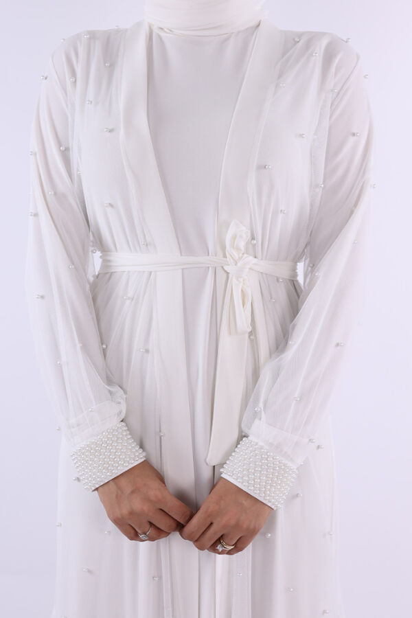 İncili Abaya Ve Elbise Takım 8491 Ekru - 4