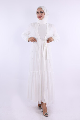 İncili Abaya Ve Elbise Takım 8491 Ekru - Bym Fashion