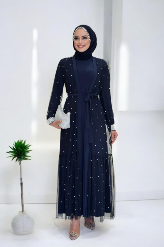 İncili Abaya Ve Elbise Takım 8491 Lacivert 