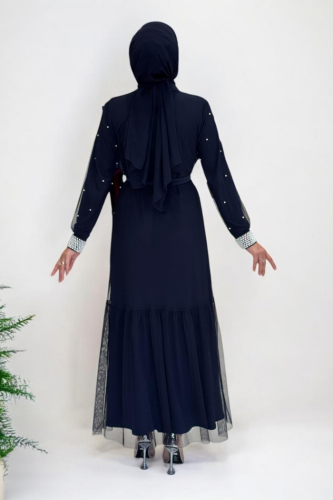 İncili Abaya Ve Elbise Takım 8491 Lacivert - 2