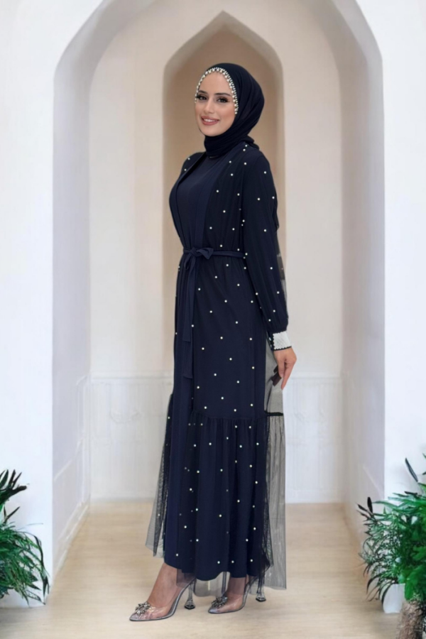 İncili Abaya Ve Elbise Takım 8491 Lacivert - 3