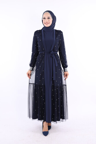 İncili Abaya Ve Elbise Takım 8491 Lacivert 