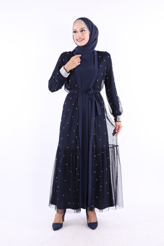 İncili Abaya Ve Elbise Takım 8491 Lacivert - 4
