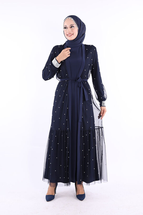 İncili Abaya Ve Elbise Takım 8491 Lacivert - 4