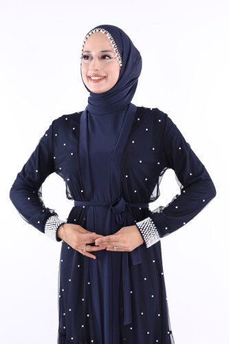 İncili Abaya Ve Elbise Takım 8491 Lacivert - 5