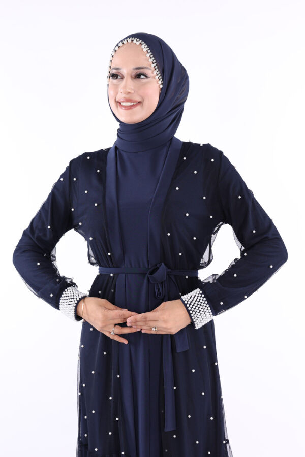 İncili Abaya Ve Elbise Takım 8491 Lacivert - 5