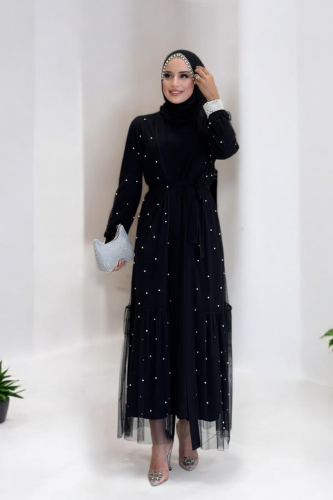 İncili Abaya Ve Elbise Takım 8491 Siyah - 1