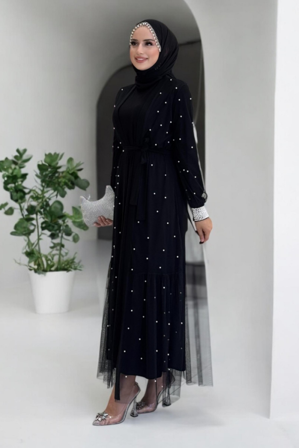 İncili Abaya Ve Elbise Takım 8491 Siyah - 3