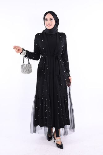 İncili Abaya Ve Elbise Takım 8491 Siyah - Bym Fashion