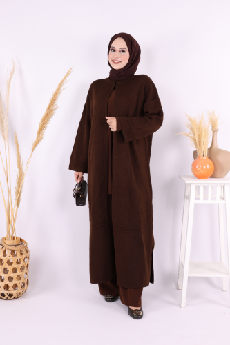 Kabartma Desen Hırka 9085 Kahverengi - Bym Fashion