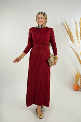 Kalın Fitilli Bel Kuşaklı Elbise 18319 Bordo - Bym Fashion