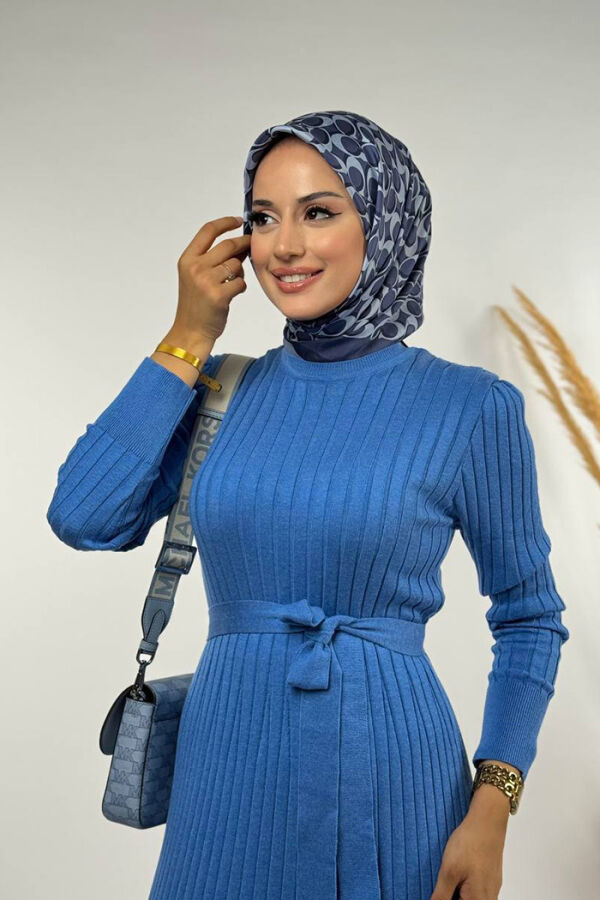 Kalın Fitilli Bel Kuşaklı Elbise 18319 İndigo - 4