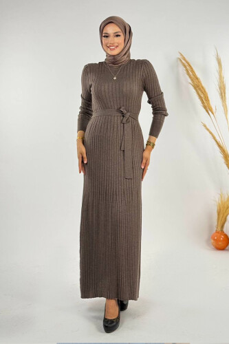 Kalın Fitilli Bel Kuşaklı Elbise 18319 Koyu Vizon - Bym Fashion