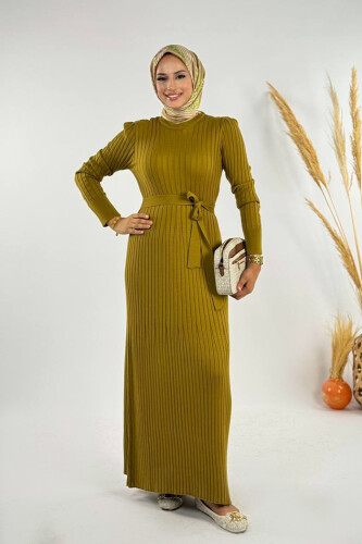 Kalın Fitilli Bel Kuşaklı Elbise 18319 Yağ Yeşili - Bym Fashion