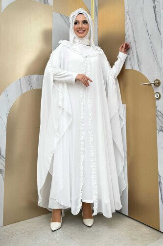 Kapişonlu Belirli Kısımları Fırfır Detaylı Abayalı Elbise Abiye Takım 3778 Ekru 