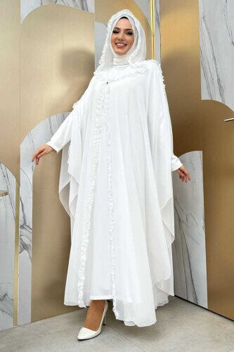 Kapişonlu Belirli Kısımları Fırfır Detaylı Abayalı Elbise Abiye Takım 3778 Ekru - 2