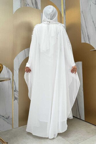 Kapişonlu Belirli Kısımları Fırfır Detaylı Abayalı Elbise Abiye Takım 3778 Ekru - 3