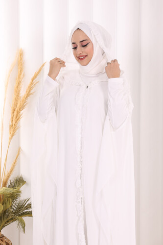 Kapişonlu Belirli Kısımları Fırfır Detaylı Abayalı Elbise Takım 3778 Ekru - 5