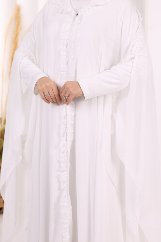 Kapişonlu Belirli Kısımları Fırfır Detaylı Abayalı Elbise Takım 3778 Ekru - 6