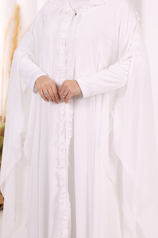 Kapişonlu Belirli Kısımları Fırfır Detaylı Abayalı Elbise Takım 3778 Ekru - 6