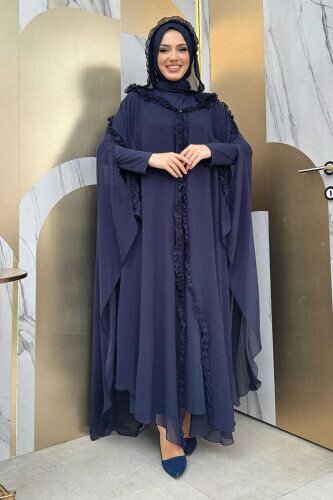 Kapişonlu Belirli Kısımları Fırfır Detaylı Abayalı Elbise Abiye Takım 3778 Lacivert 