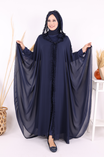 Kapişonlu Belirli Kısımları Fırfır Detaylı Abayalı Elbise Takım 3778 Lacivert - bym fashion