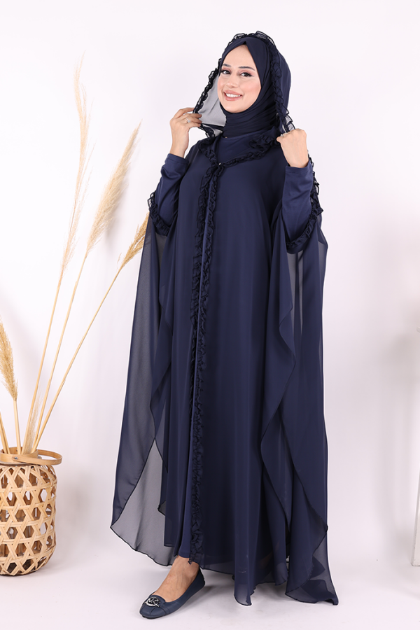 Kapişonlu Belirli Kısımları Fırfır Detaylı Abayalı Elbise Takım 3778 Lacivert - 2