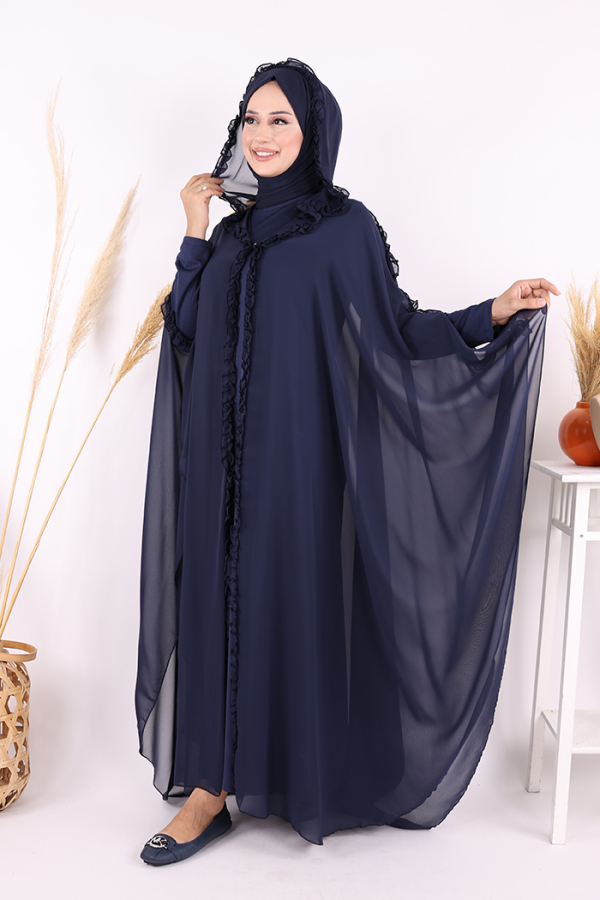Kapişonlu Belirli Kısımları Fırfır Detaylı Abayalı Elbise Takım 3778 Lacivert - 3
