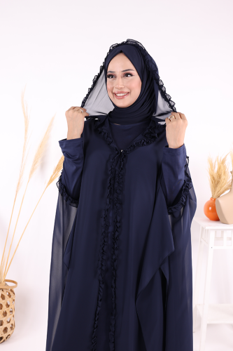 Kapişonlu Belirli Kısımları Fırfır Detaylı Abayalı Elbise Takım 3778 Lacivert - 4