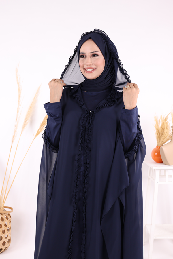 Kapişonlu Belirli Kısımları Fırfır Detaylı Abayalı Elbise Takım 3778 Lacivert - 4