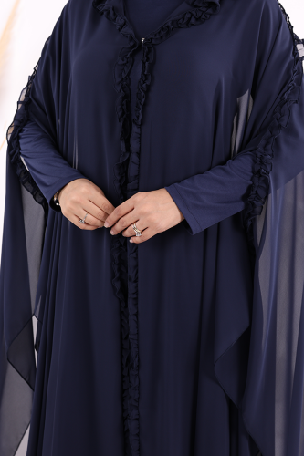 Kapişonlu Belirli Kısımları Fırfır Detaylı Abayalı Elbise Takım 3778 Lacivert - 5
