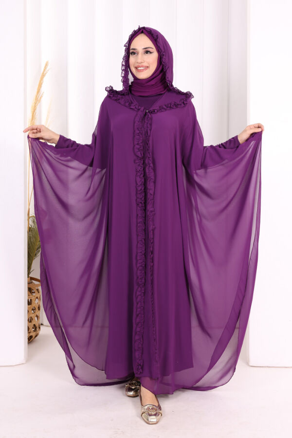Kapişonlu Belirli Kısımları Fırfır Detaylı Abayalı Elbise Takım 3778 Mor - 1