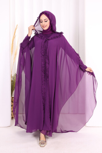 Kapişonlu Belirli Kısımları Fırfır Detaylı Abayalı Elbise Takım 3778 Mor - 2