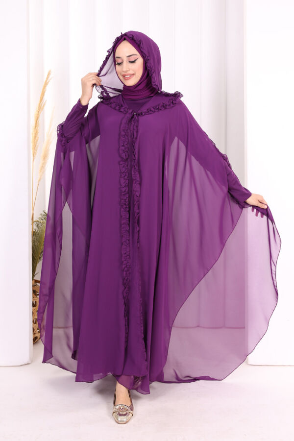 Kapişonlu Belirli Kısımları Fırfır Detaylı Abayalı Elbise Takım 3778 Mor - 2