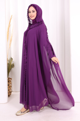 Kapişonlu Belirli Kısımları Fırfır Detaylı Abayalı Elbise Takım 3778 Mor - 3