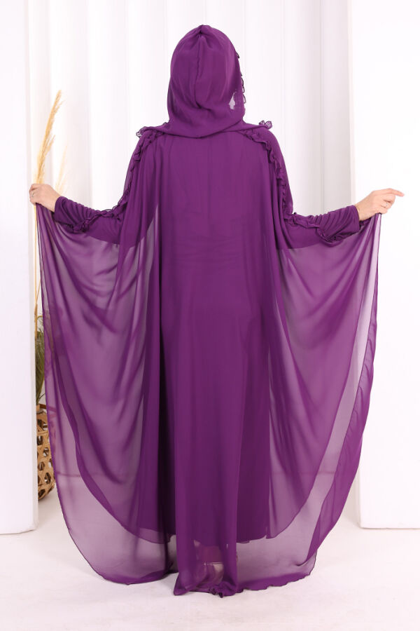 Kapişonlu Belirli Kısımları Fırfır Detaylı Abayalı Elbise Takım 3778 Mor - 4