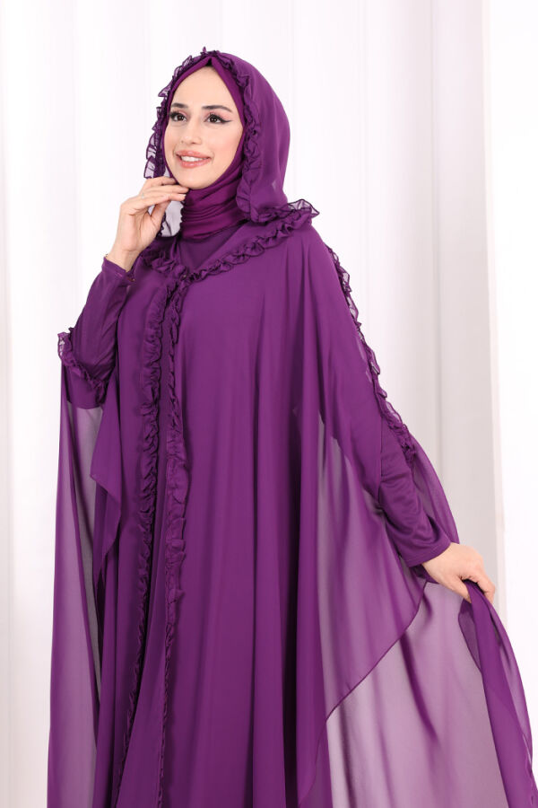 Kapişonlu Belirli Kısımları Fırfır Detaylı Abayalı Elbise Takım 3778 Mor - 5