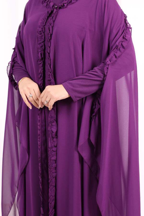 Kapişonlu Belirli Kısımları Fırfır Detaylı Abayalı Elbise Takım 3778 Mor - 6