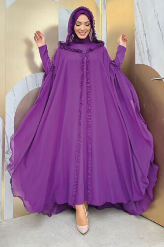 Kapişonlu Abayalı Elbise Takım 3778 Mor 