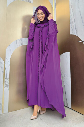 Kapişonlu Abayalı Elbise Takım 3778 Mor - 5