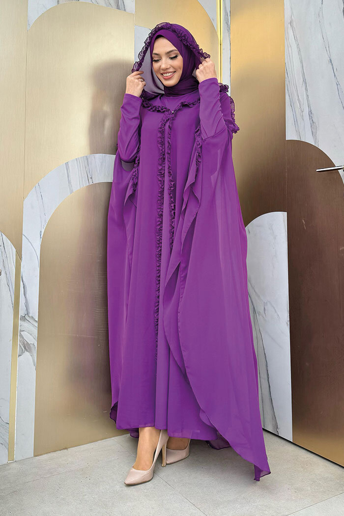 Kapişonlu Abayalı Elbise Takım 3778 Mor - 5