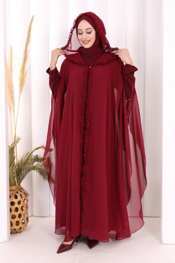 Kapişonlu Belirli Kısımları Fırfır Detaylı Abayalı Elbise Takım 3778 Bordo - 1