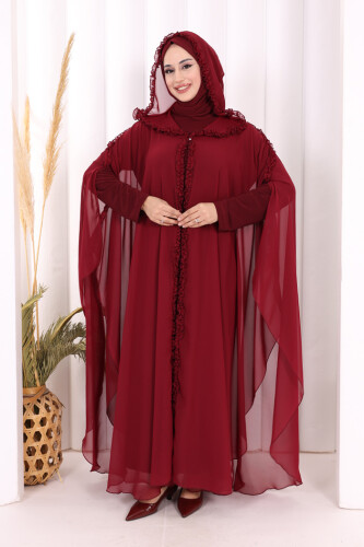 Kapişonlu Belirli Kısımları Fırfır Detaylı Abayalı Elbise Takım 3778 Bordo - 2
