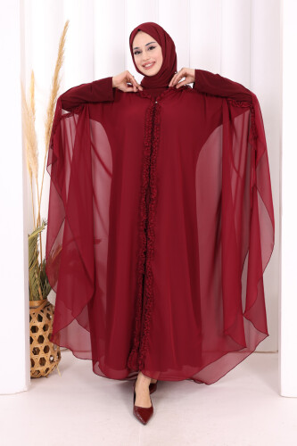 Kapişonlu Belirli Kısımları Fırfır Detaylı Abayalı Elbise Takım 3778 Bordo - 3
