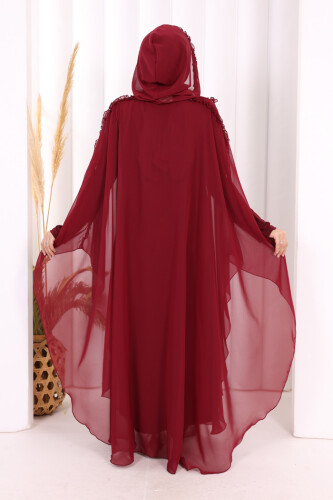 Kapişonlu Belirli Kısımları Fırfır Detaylı Abayalı Elbise Takım 3778 Bordo - 4