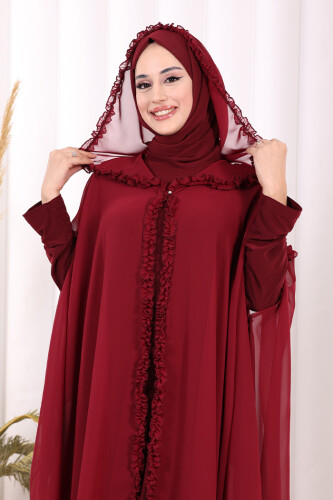 Kapişonlu Belirli Kısımları Fırfır Detaylı Abayalı Elbise Takım 3778 Bordo - 5