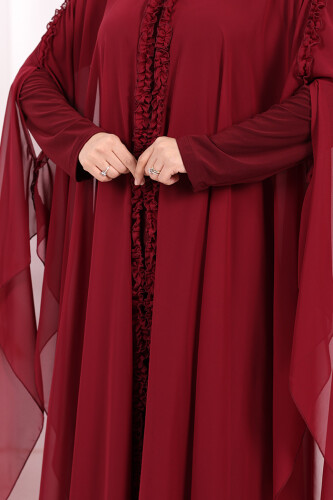 Kapişonlu Belirli Kısımları Fırfır Detaylı Abayalı Elbise Takım 3778 Bordo - 6