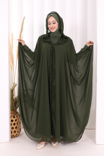 Kapişonlu Belirli Kısımları Fırfır Detaylı Abayalı Elbise Takım 3778 Haki