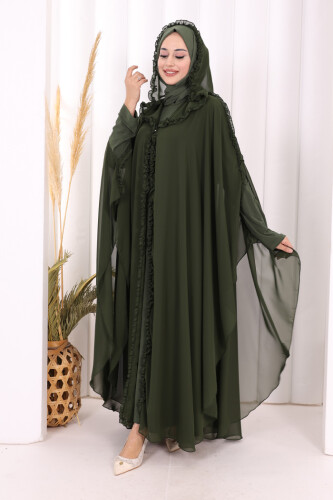 Kapişonlu Belirli Kısımları Fırfır Detaylı Abayalı Elbise Takım 3778 Haki - 2